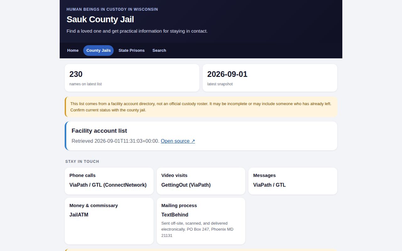 Unofficial Sauk County custody directory with record verification warning