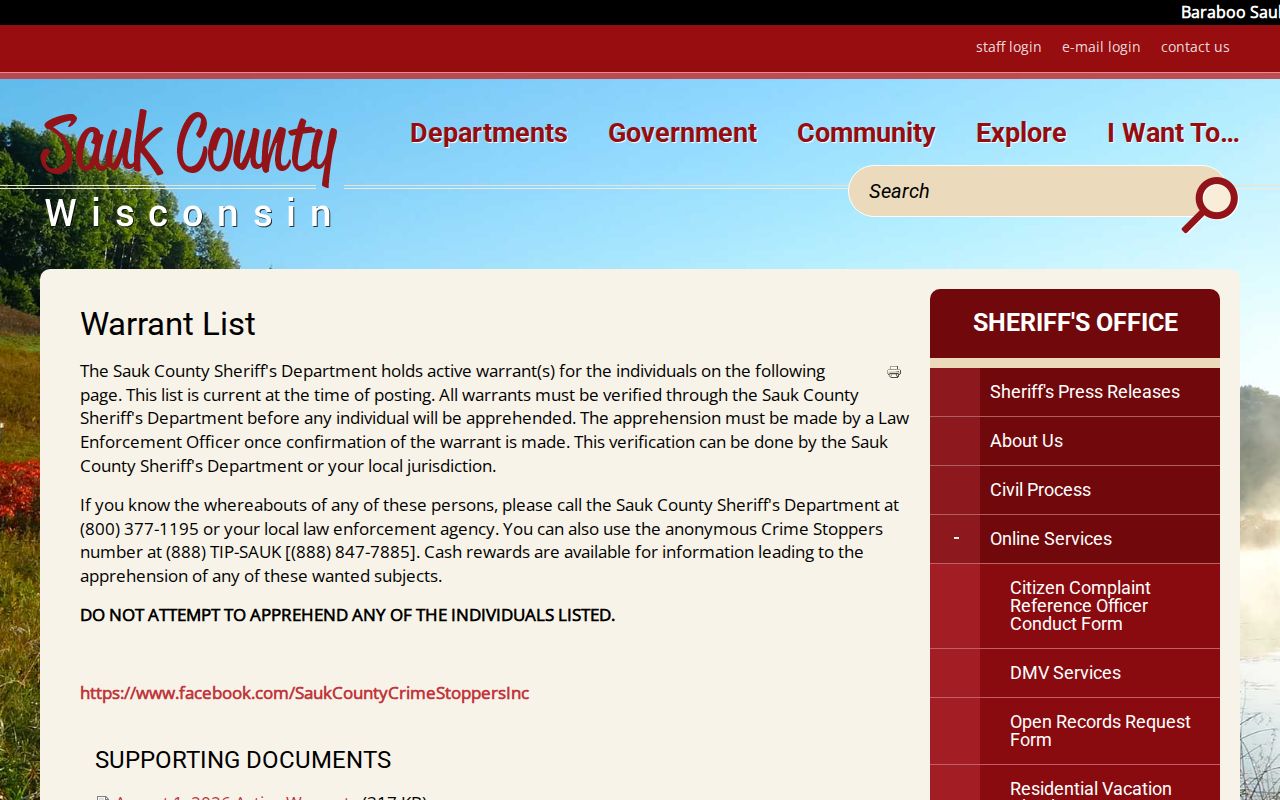 Sauk County Sheriff official warrant list page